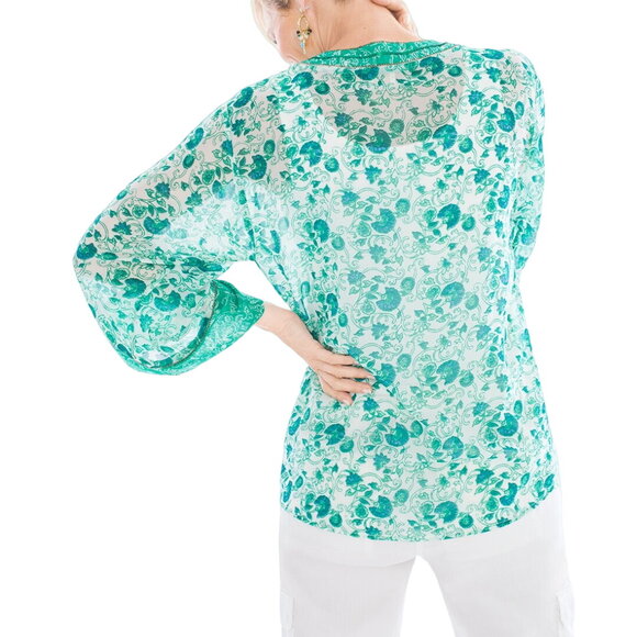 Chico's Sz 0 Congo Floral Tunic Green Print Sheer Embellished V-neck Blouse - Picture 2 of 13